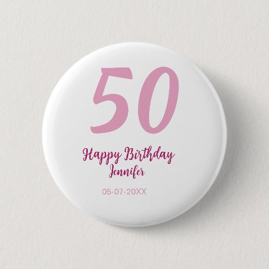 50歳の誕生日 名前 日付 年 ピンク 赤 太字 缶バッジ (正面)