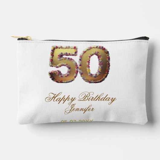 50歳の誕生日 名前 日付 年 金色 花柄 太字 アクセサリーポーチ (正面)