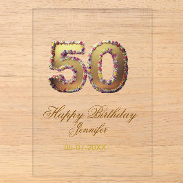 50歳の誕生日 名前 日付 年 金色 花柄 太字 アクリル招待状