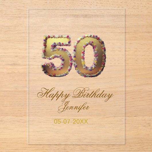 50歳の誕生日 名前 日付 年 金色 花柄 太字 アクリル招待状 (正面)