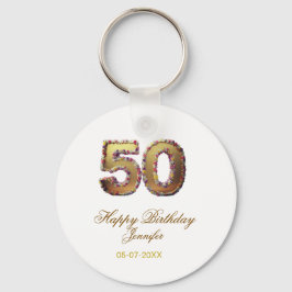 50歳の誕生日 名前 日付 年 金色 花柄 太字 キーホルダー
