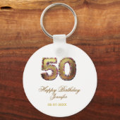 50歳の誕生日 名前 日付 年 金色 花柄 太字 キーホルダー (正面)