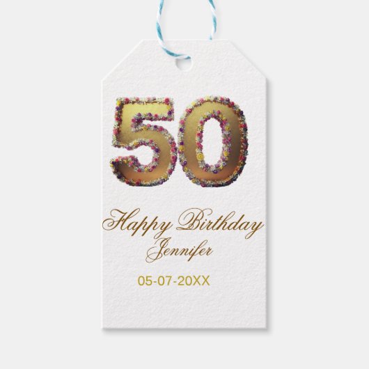 50歳の誕生日 名前 日付 年 金色 花柄 太字 ギフトタグ (正面)