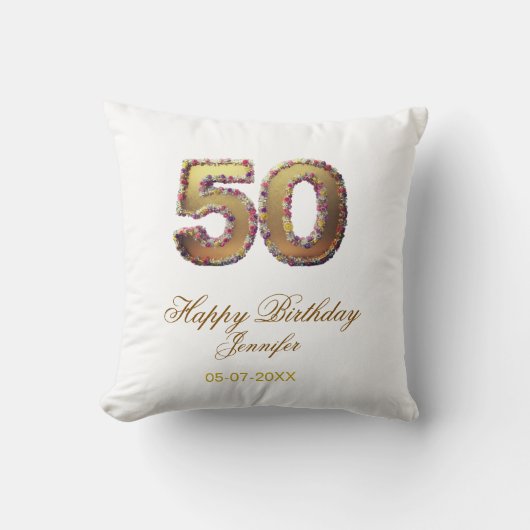 50歳の誕生日 名前 日付 年 金色 花柄 太字 クッション (正面)