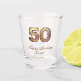 50歳の誕生日 名前 日付 年 金色 花柄 太字 ショットグラス