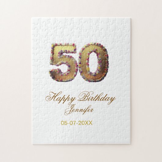 50歳の誕生日 名前 日付 年 金色 花柄 太字 ジグソーパズル (縦)