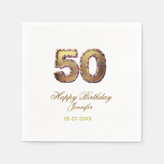 50歳の誕生日 名前 日付 年 金色 花柄 太字 スタンダードカクテルナプキン (正面)