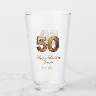 50歳の誕生日 名前 日付 年 金色 花柄 太字 タンブラーグラス