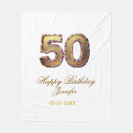 50歳の誕生日 名前 日付 年 金色 花柄 太字 フリースブランケット