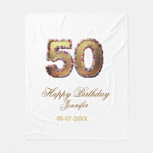 50歳の誕生日 名前 日付 年 金色 花柄 太字 フリースブランケット (正面)