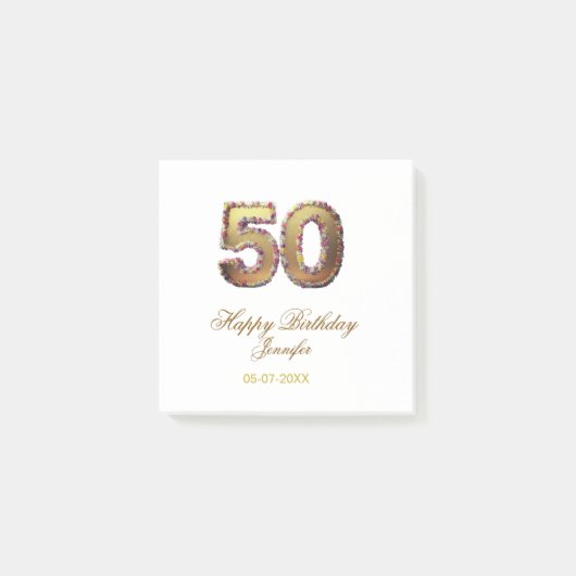 50歳の誕生日 名前 日付 年 金色 花柄 太字 ポストイット (正面)