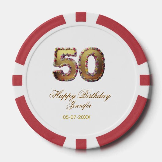 50歳の誕生日 名前 日付 年 金色 花柄 太字  ポーカーチップ (正面)