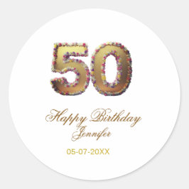 50歳の誕生日 名前 日付 年 金色 花柄 太字 ラウンドシール