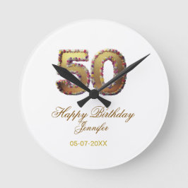 50歳の誕生日 名前 日付 年 金色 花柄 太字 ラウンド壁時計