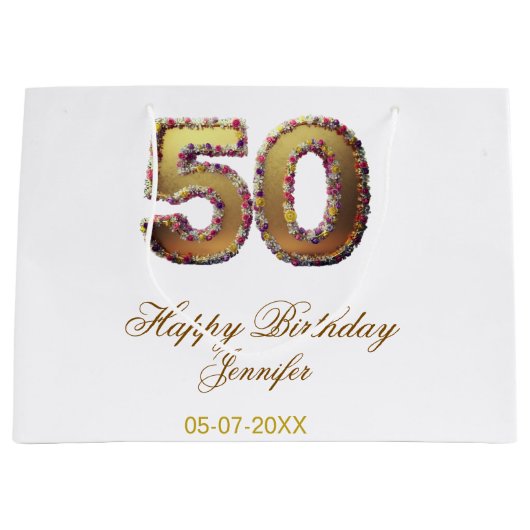 50歳の誕生日 名前 日付 年 金色 花柄 太字 ラージペーパーバッグ (正面)