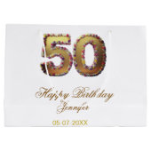 50歳の誕生日 名前 日付 年 金色 花柄 太字 ラージペーパーバッグ (裏面)
