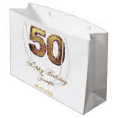 50歳の誕生日 名前 日付 年 金色 花柄 太字 ラージペーパーバッグ (裏面アングル)