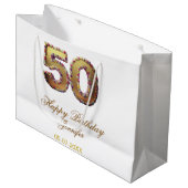 50歳の誕生日 名前 日付 年 金色 花柄 太字 ラージペーパーバッグ (正面アングル)