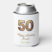 50歳の誕生日 名前 日付 年 金色 花柄 太字 缶クーラー (缶裏面)