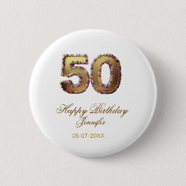50歳の誕生日 名前 日付 年 金色 花柄 太字 缶バッジ