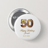 50歳の誕生日 名前 日付 年 金色 花柄 太字 缶バッジ (正面&裏面)