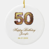 50歳の誕生日 名前 日付 年 金色 花 モダン セラミックオーナメント (裏面)