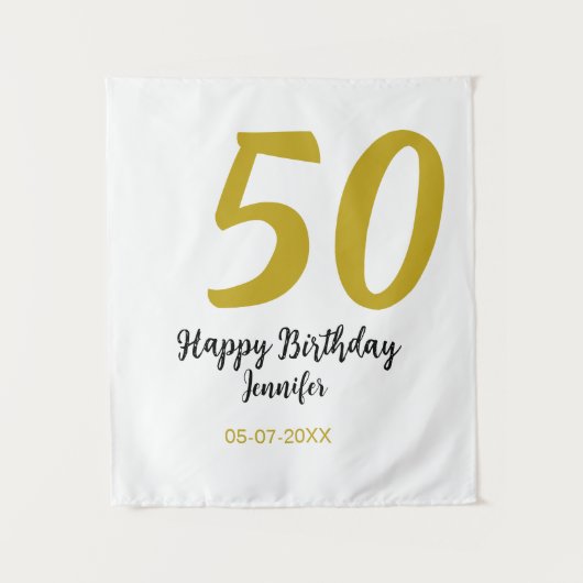 50歳の誕生日 名前 日付 年 黒 テンプレート 追加 タペストリー (正面)