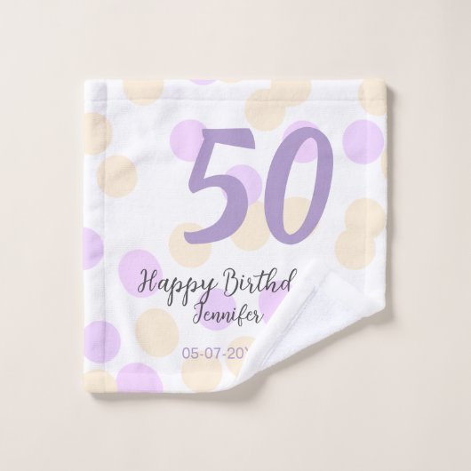 50歳の誕生日 名前 日付 紫 オレンジ ドット ウォッシュタオル (ウォッシュタオル)