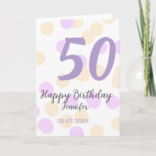 50歳の誕生日 名前 日付 紫 オレンジ ドット カード (正面)