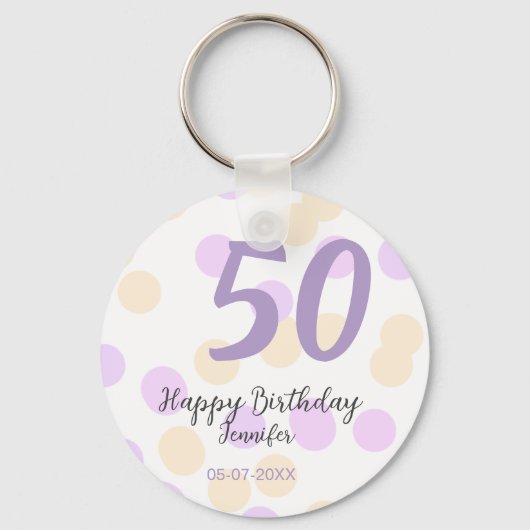 50歳の誕生日 名前 日付 紫 オレンジ ドット キーホルダー (正面)