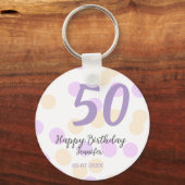 50歳の誕生日 名前 日付 紫 オレンジ ドット キーホルダー (正面)