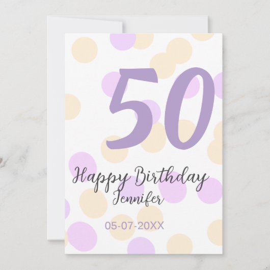 50歳の誕生日 名前 日付 紫 オレンジ ドット サンキューカード (正面)