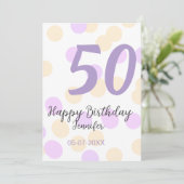 50歳の誕生日 名前 日付 紫 オレンジ ドット サンキューカード (スタンド正面)