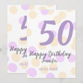 50歳の誕生日 名前 日付 紫 オレンジ ドット サンキューカード (正面/裏面)