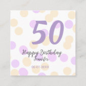 50歳の誕生日 名前 日付 紫 オレンジ ドット スクエア名刺 (裏面)