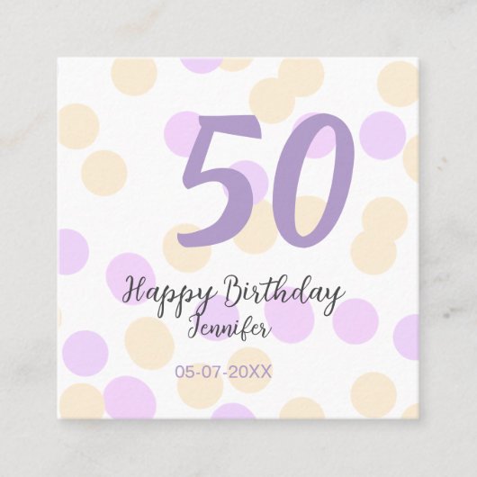 50歳の誕生日 名前 日付 紫 オレンジ ドット スクエア名刺 (正面)