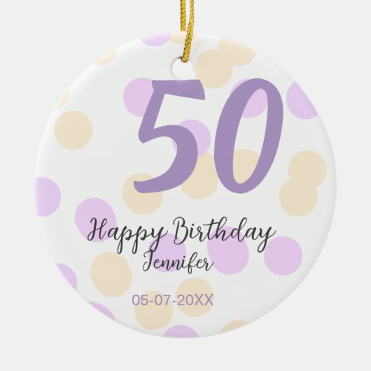 50歳の誕生日 名前 日付 紫 オレンジ ドット セラミックオーナメント (正面)