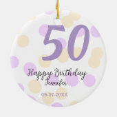 50歳の誕生日 名前 日付 紫 オレンジ ドット セラミックオーナメント (裏面)