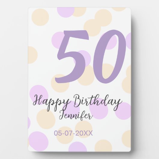 50歳の誕生日 名前 日付 紫 オレンジ ドット フォトプラーク (正面)