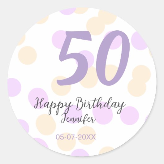 50歳の誕生日 名前 日付 紫 オレンジ ドット ラウンドシール (正面)