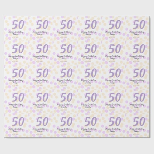 50歳の誕生日 名前 日付 紫 オレンジ ドット ラッピングペーパー (フラット)
