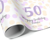 50歳の誕生日 名前 日付 紫 オレンジ ドット ラッピングペーパー (ロールコーナー)