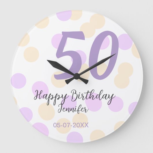 50歳の誕生日 名前 日付 紫 オレンジ ドット ラージ壁時計 (正面)