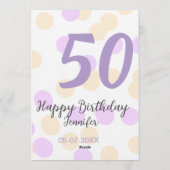 50歳の誕生日 名前 日付 紫 オレンジ ドット 招待状 (裏面)