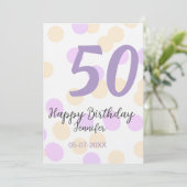 50歳の誕生日 名前 日付 紫 オレンジ ドット 招待状 (スタンド正面)