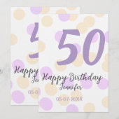 50歳の誕生日 名前 日付 紫 オレンジ ドット 招待状 (正面/裏面)
