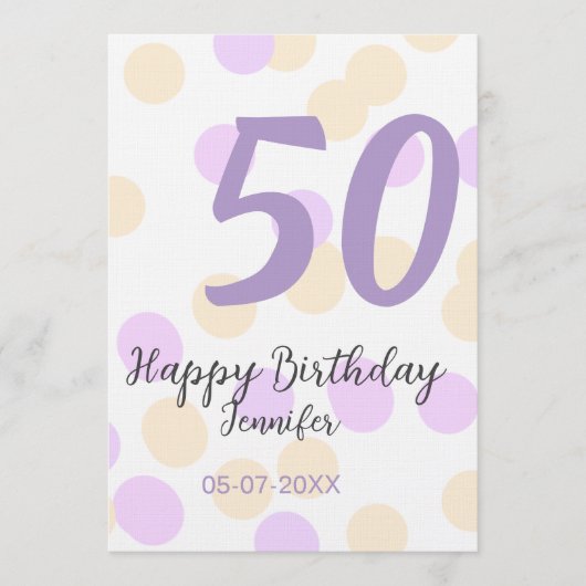 50歳の誕生日 名前 日付 紫 オレンジ ドット 招待状 (正面)