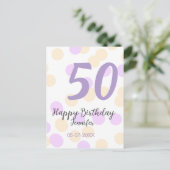 50歳の誕生日 名前 日付 紫 オレンジ 水玉模様を追加 ポストカード (スタンド正面)