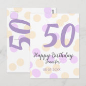 50歳の誕生日 名前 日付 紫 オレンジ 水玉模様を追加 ポストカード (正面/裏面)