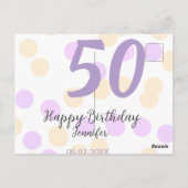50歳の誕生日 名前 日付 紫 オレンジ 水玉模様を追加 ポストカード (裏面)